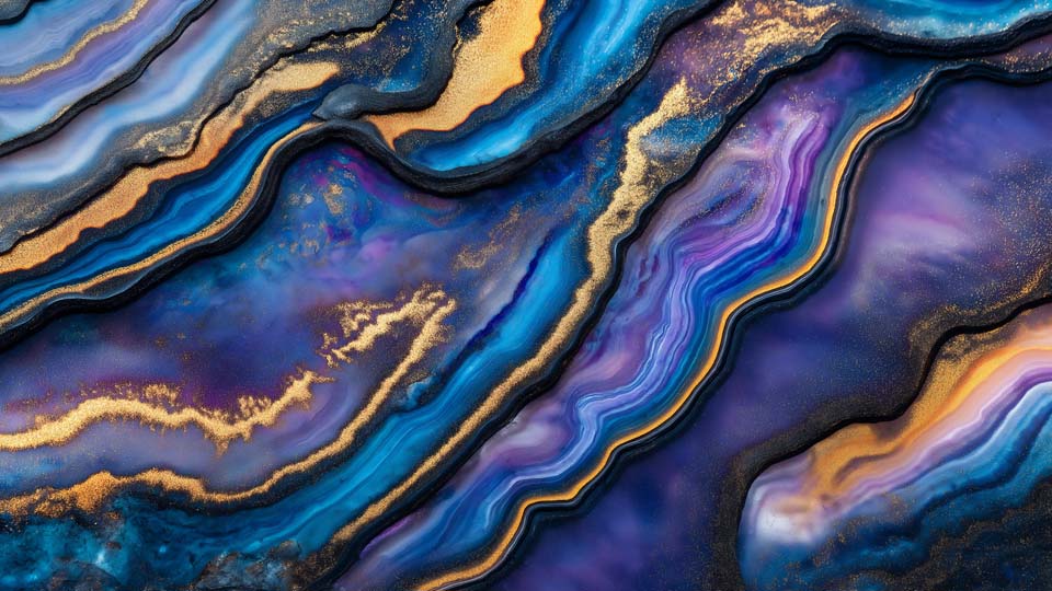 Blue and purple agate surface with golden veins