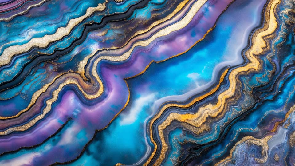 Blue and purple agate surface with golden veins