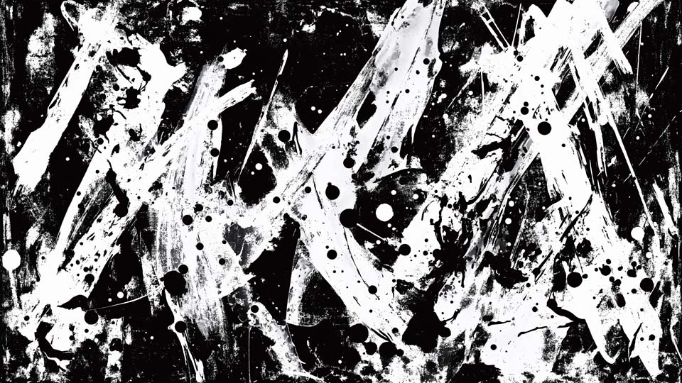 A chaotic, abstract black and white painting