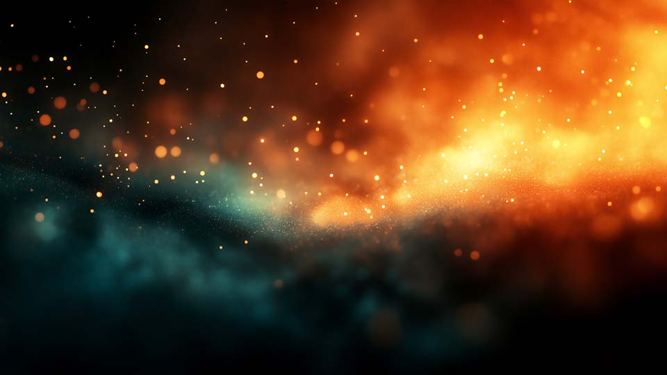 Dark background with orange and gold glowing particles