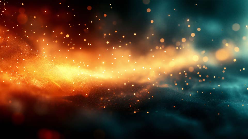 Dark background with orange and gold glowing particles