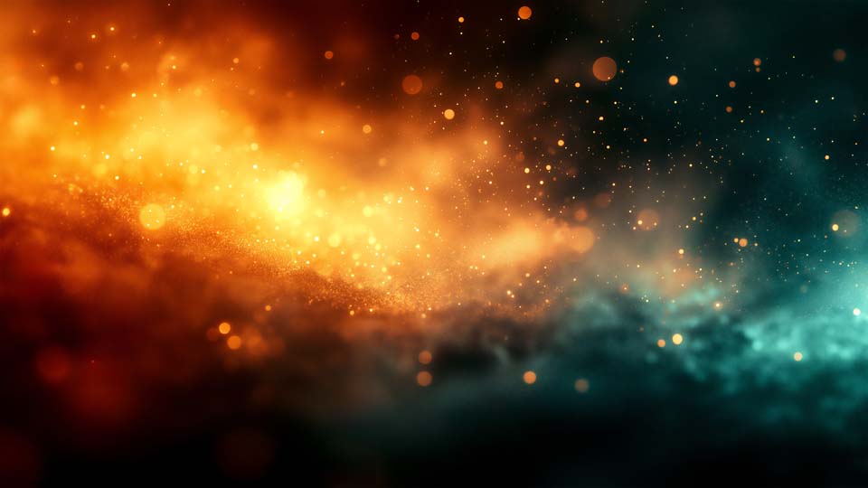 Dark background with orange and gold glowing particles