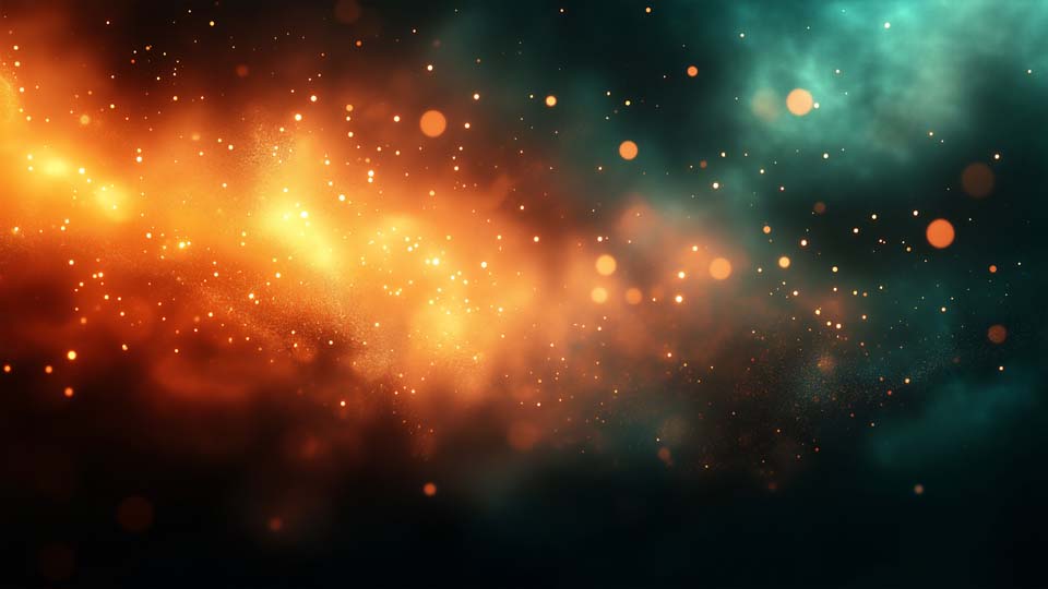 Dark background with orange and gold glowing particles