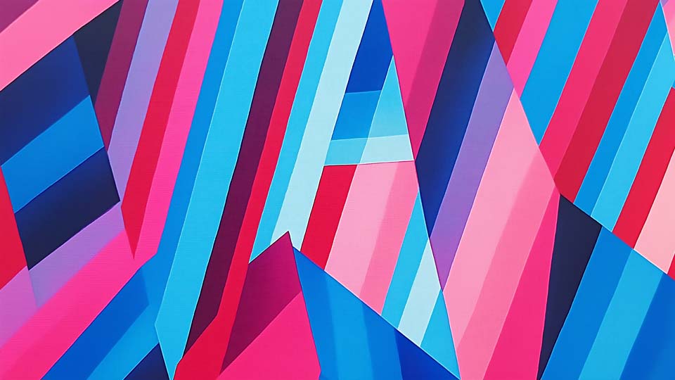 Geometric pattern of overlapping blue, pink and red stripes