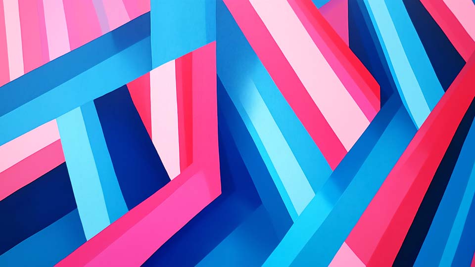 Geometric pattern of overlapping blue, pink and red stripes