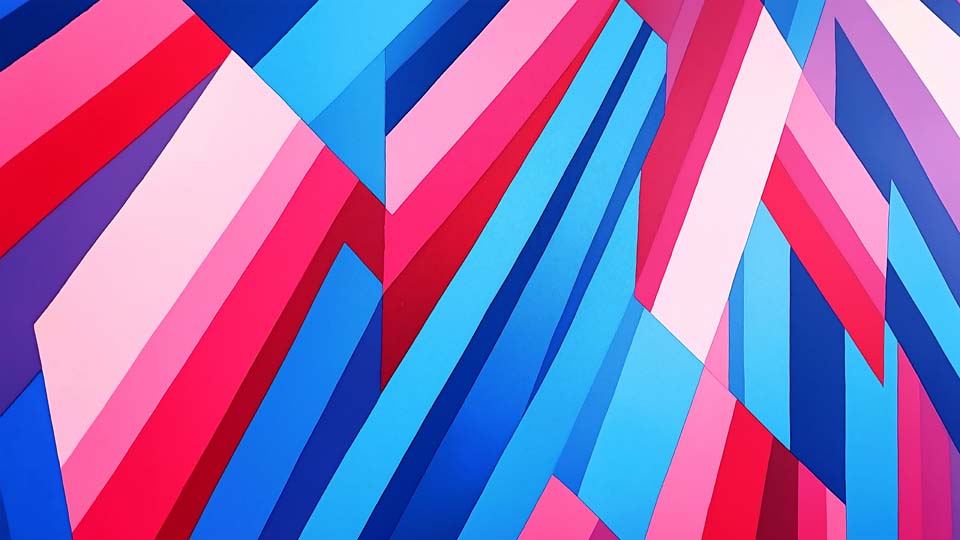 Geometric pattern of overlapping blue, pink and red stripes