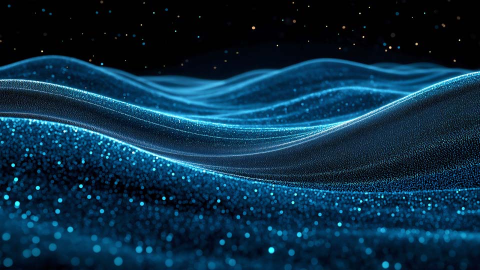 Blue glowing wave background with particles, dots, and stars