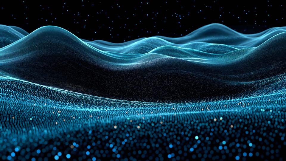 Blue glowing wave background with particles, dots, and stars