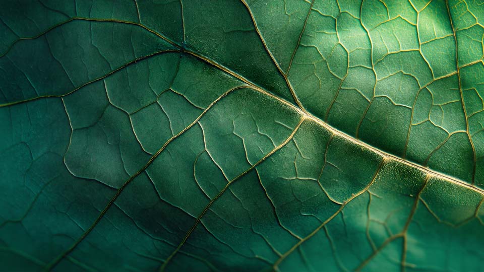 Close-up of the veins on an emerald green leaf