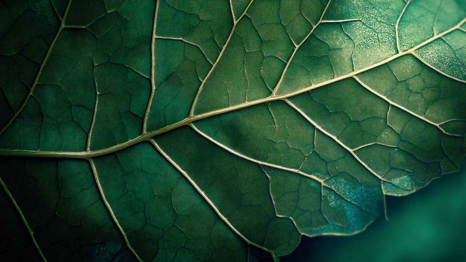 Close-up of the veins on an emerald green leaf