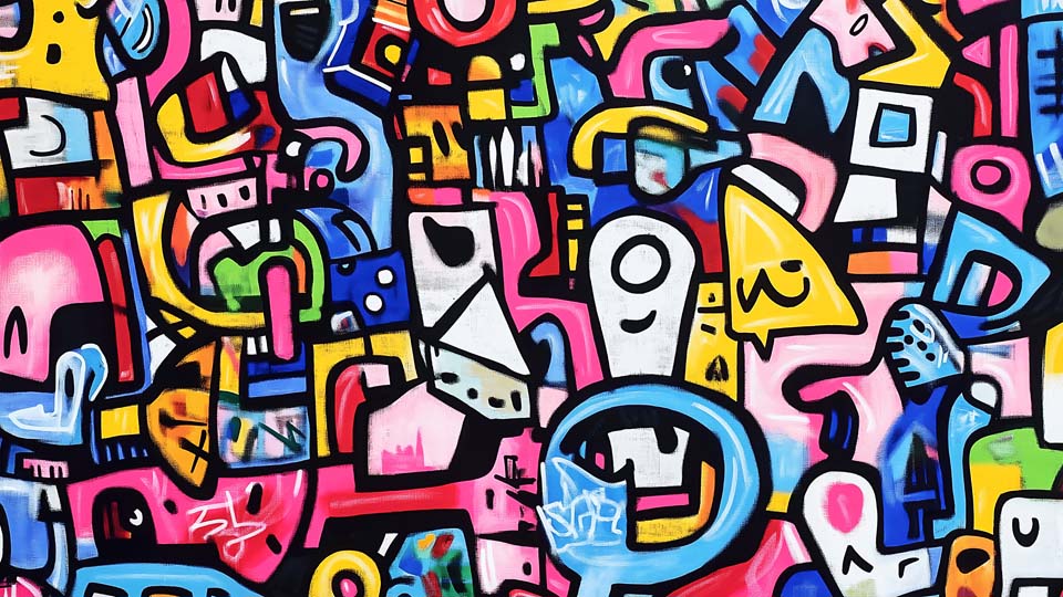 Colorful cartoon-style graffiti wall