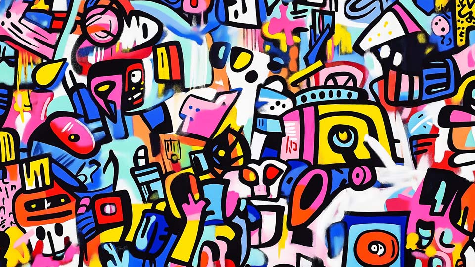 Colorful cartoon-style graffiti wall