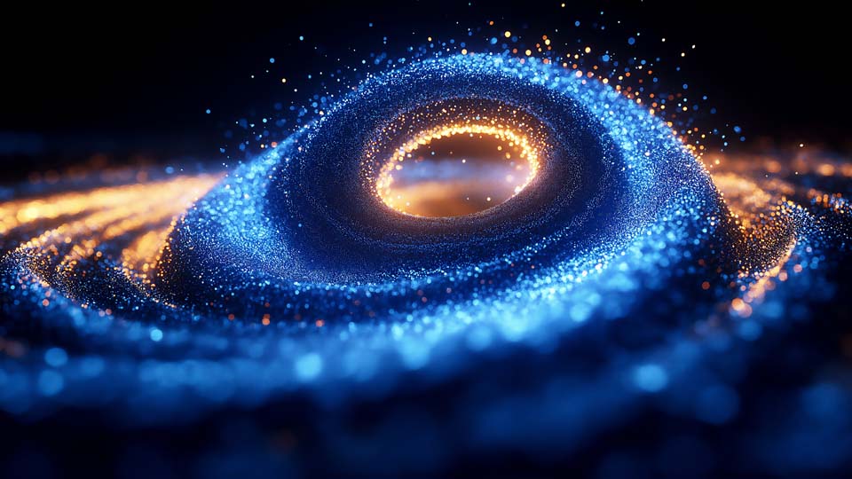 Swirling blue and gold particles with a black hole