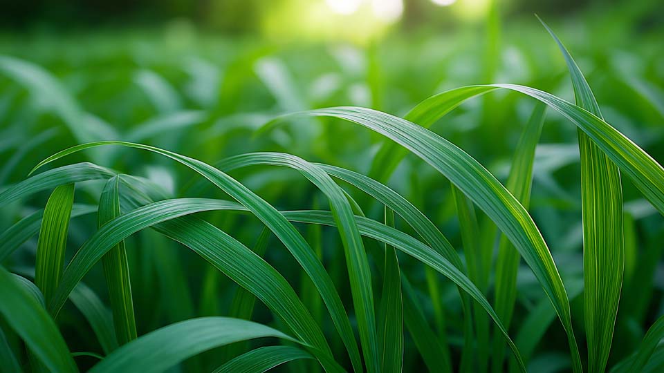 Green grass baldes in the garden