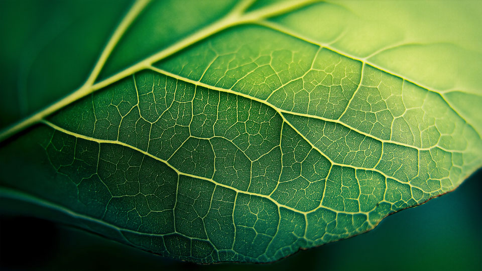 Close-up shot of the veins on a green leaf