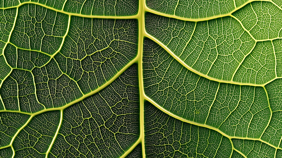 Close-up shot of the veins on a green leaf