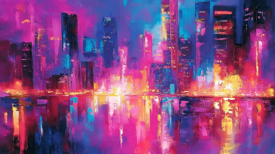 Vibrant cityscape at night, illuminated by neon lights