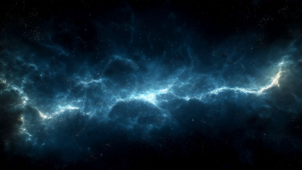 Dark space background with a blue glowing nebula