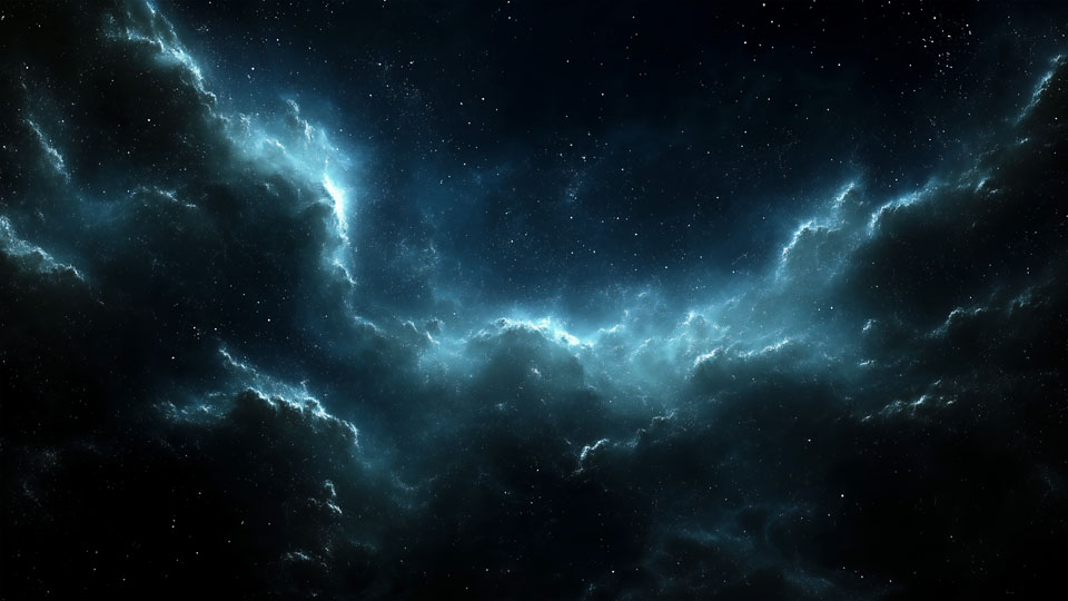 Dark space background with a blue glowing nebula