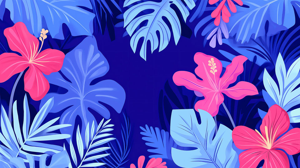 Illustration of blue and pink tropical leaves with exotic flowers