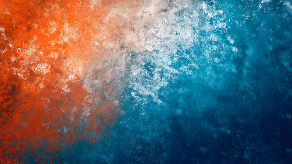 Orange and blue background with white powder dust