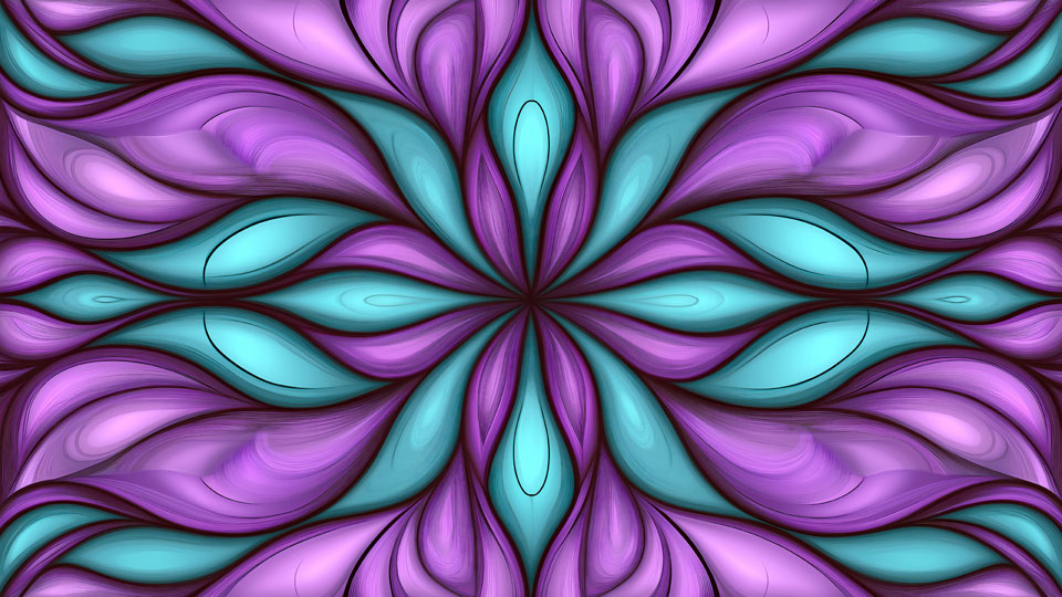 Purple and teal abstract symmetrical flower pattern