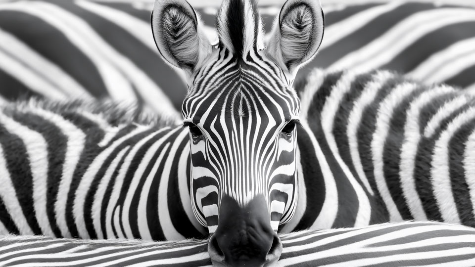 Black and white photo of zebra's head surrounded by striped bodies