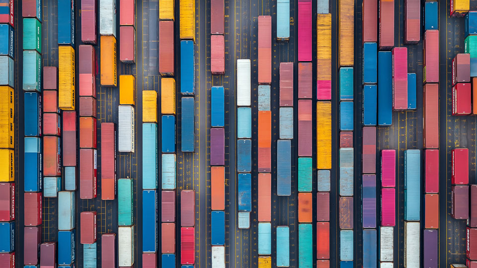 Aerial view of cargo containers stacked in an industrial port