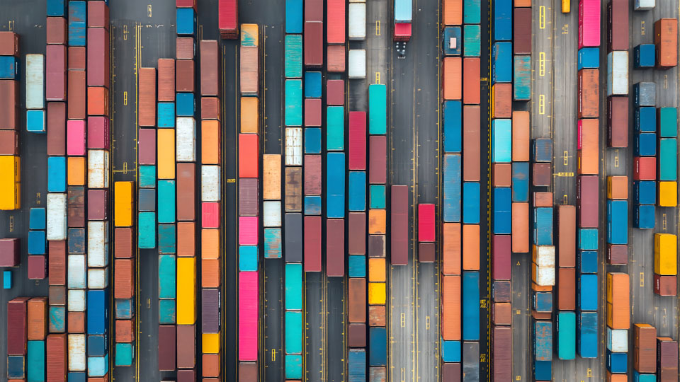 Aerial view of cargo containers stacked in an industrial port