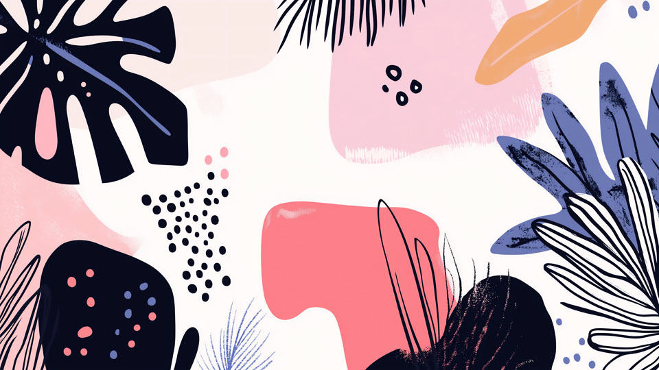 Hand-drawn shapes and tropical leaves