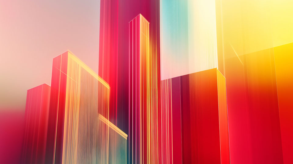 Vertical gradient background with colorful glass buildings