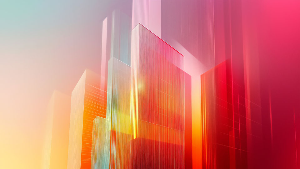 Vertical gradient background with colorful glass buildings