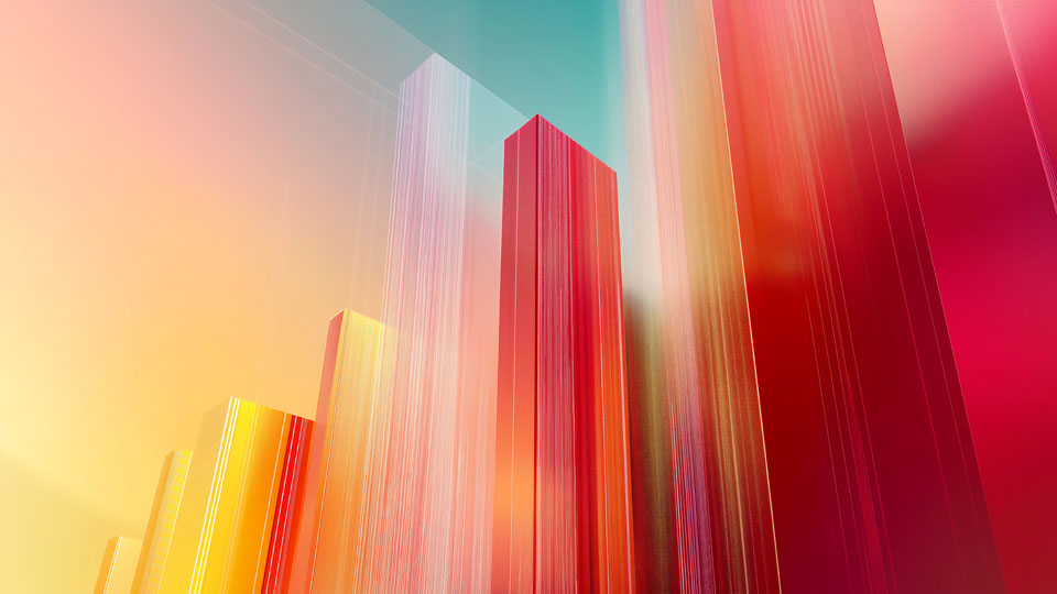 Vertical gradient background with colorful glass buildings