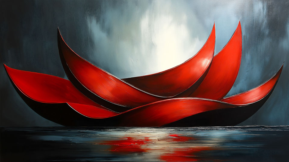 Abstract painting of a boat-shaped red lotus,