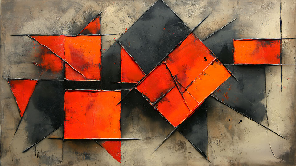 Abstract geometric painting of an orange and black