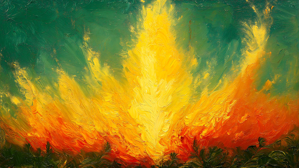 Painting of the burning bush with orange and yellow flames