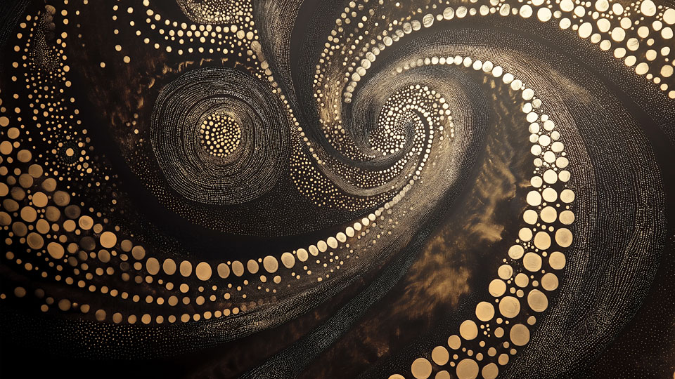 Abstract painting with swirling patterns in black and gold