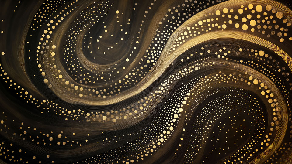 Aboriginal art with swirling black and gold designs