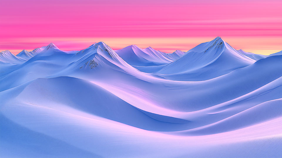 Snow-covered mountain range at sunrise with a pink gradient sky