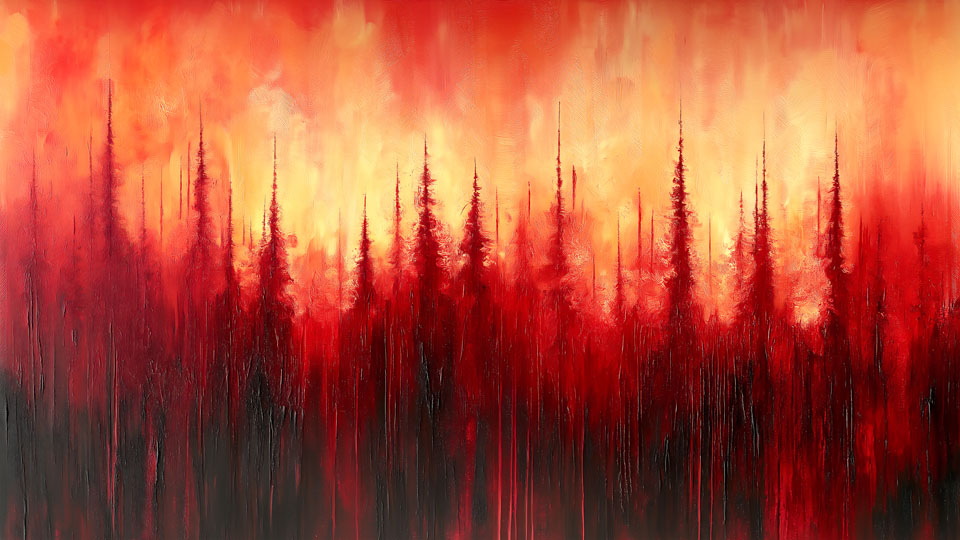 Red abstract painting of tall trees