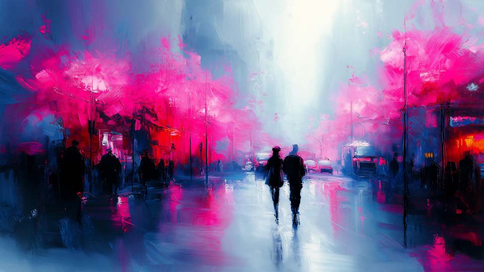 Abstract Impressionist Oil Painting of People Walking in the Rain