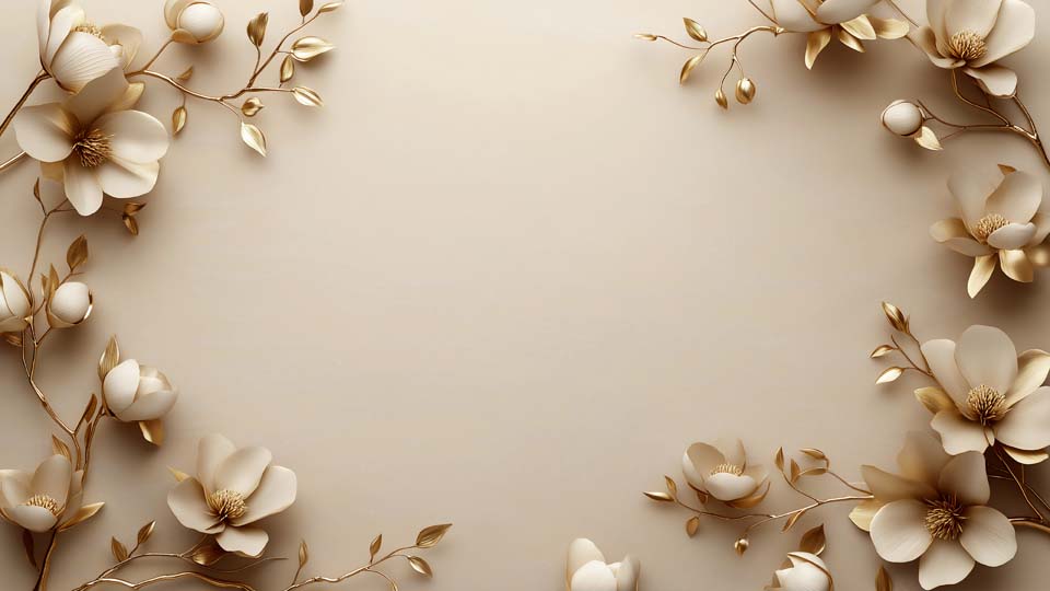 3D beige background with golden flowers and leaves