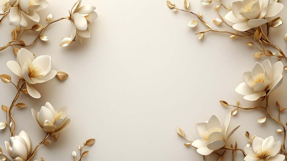 Luxurious 3D beige wallpaper with golden flowers