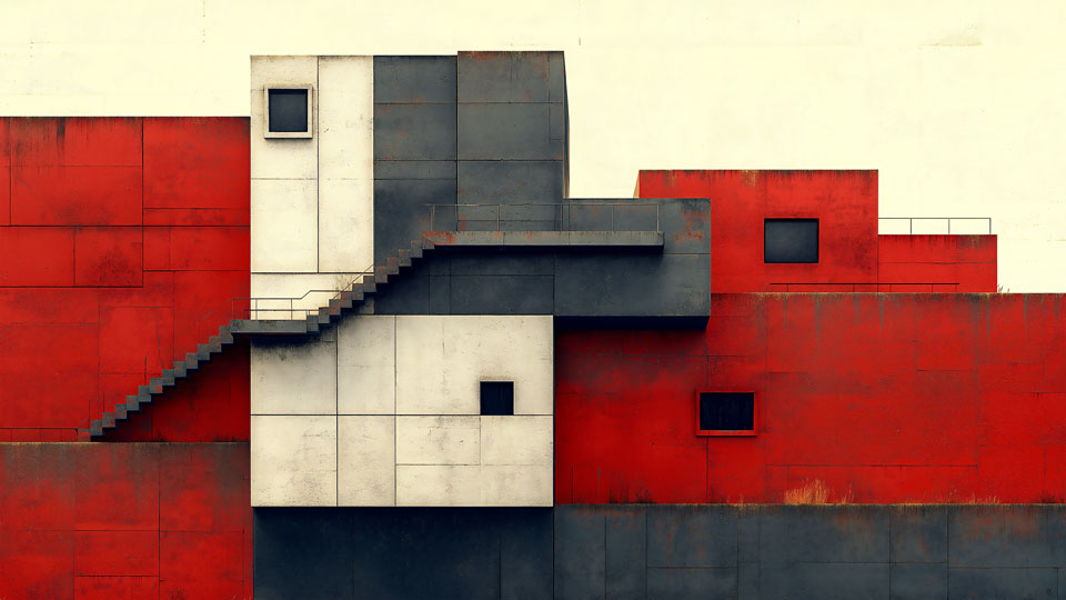 Modern brutalist architecture with a central staircase