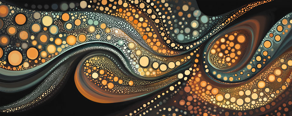 Aboriginal-inspired swirling dotwork art with intricate patterns