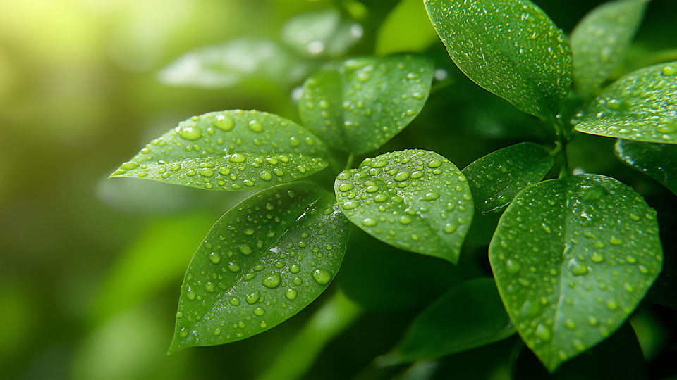 Close-up of green leaves with water droplets