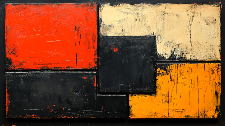 Modern painting of black, red and yellow squares