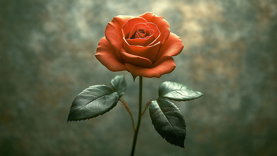 Red rose with an orange hue with dark green leaves