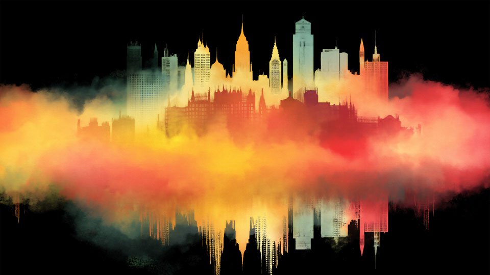 Urban skyline made from colorful fog