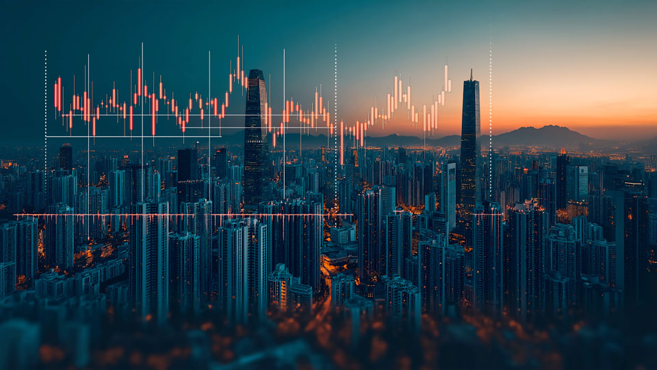 Stock market graph with urban skyline at twilight